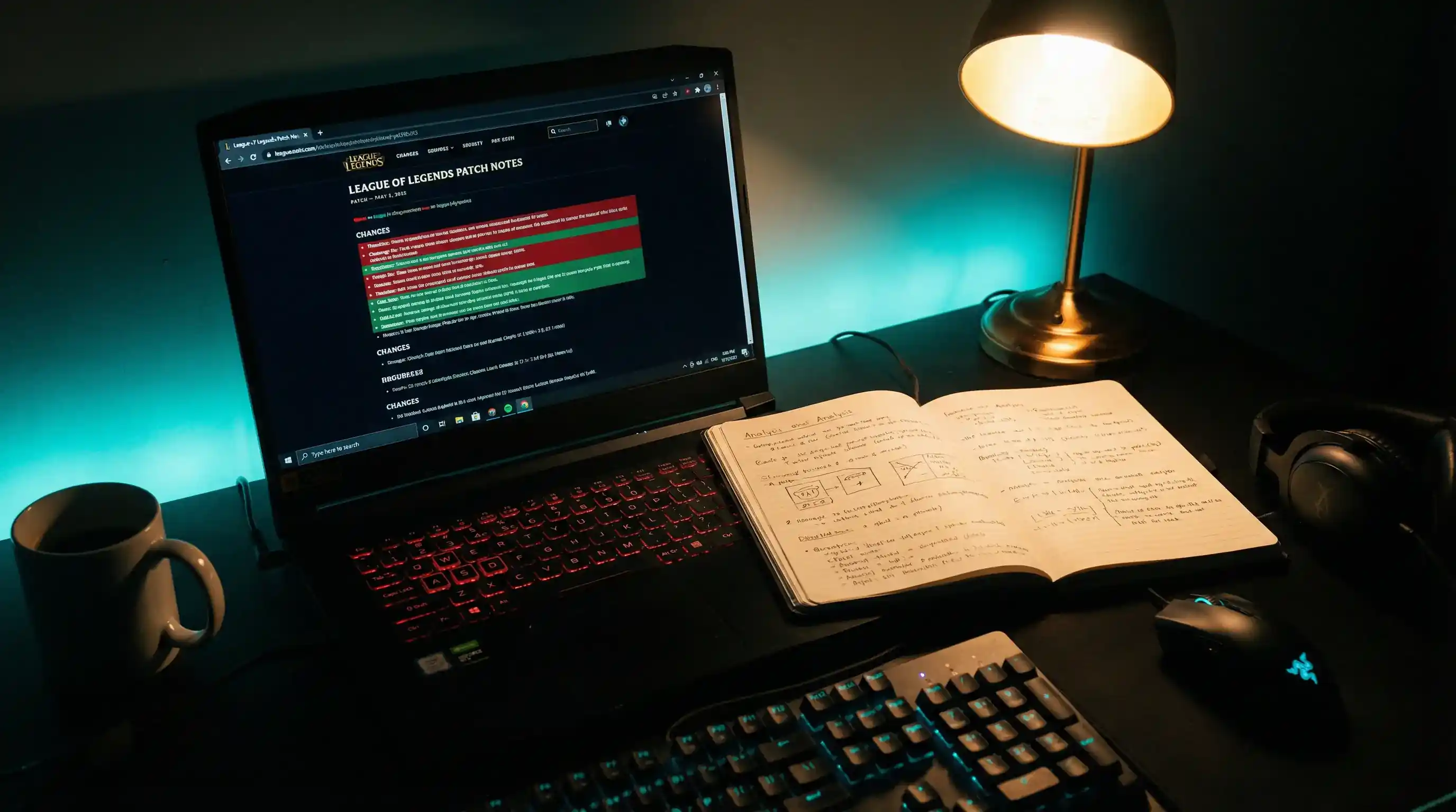 LoL patch notes-dokument bredvid bettingodds som visar metaskiftens effekt
